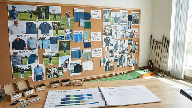 A mood board with pictures of target golfers, competitor products, and fabric textures.