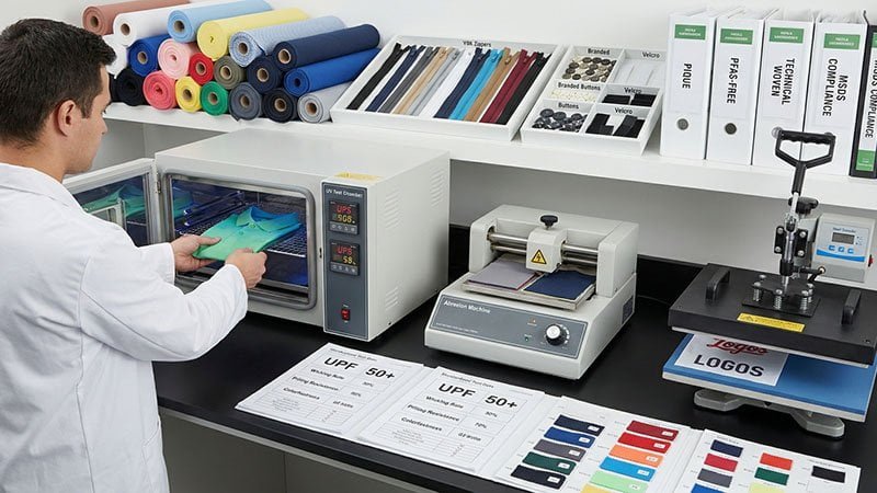 A lab technician conducting a fabric performance test like a UPF test or pilling test