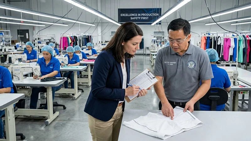 A brand owner and factory manager reviewing a garment on the production line with a checklist.