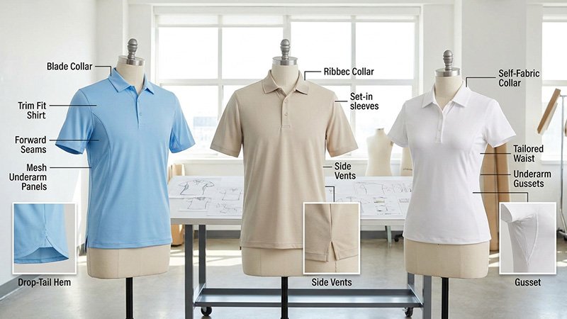 A lineup of mannequins showing different golf shirt fits, from athletic to relaxed.