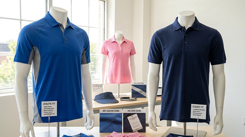 Golf shirt fit and construction details Diagrams showing the difference between athletic and classic fits, and raglan vs. set-in sleeves