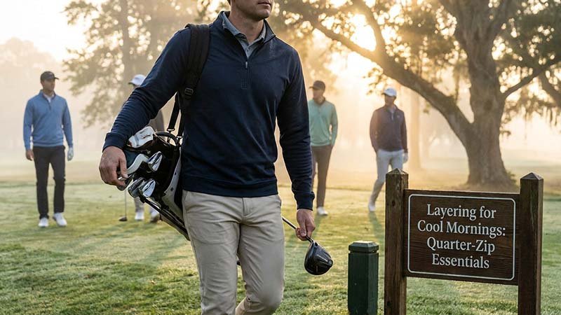 A golfer wearing a quarter-zip on a cool morning.