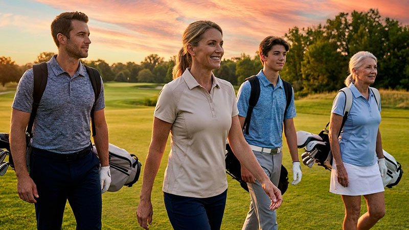High-performance golf apparel for private label brands A stylish golf polo with subtle technical details being worn on a golf course
