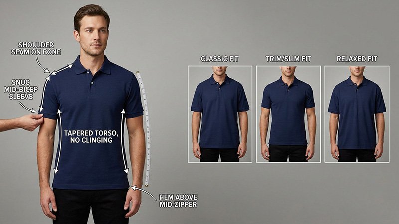 A diagram showing the key fit points on a polo shirt: shoulders, sleeves, torso, and hem length