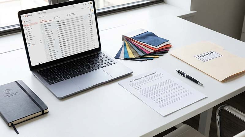 A desk with a laptop, fabric swatches, and a non-disclosure agreement.