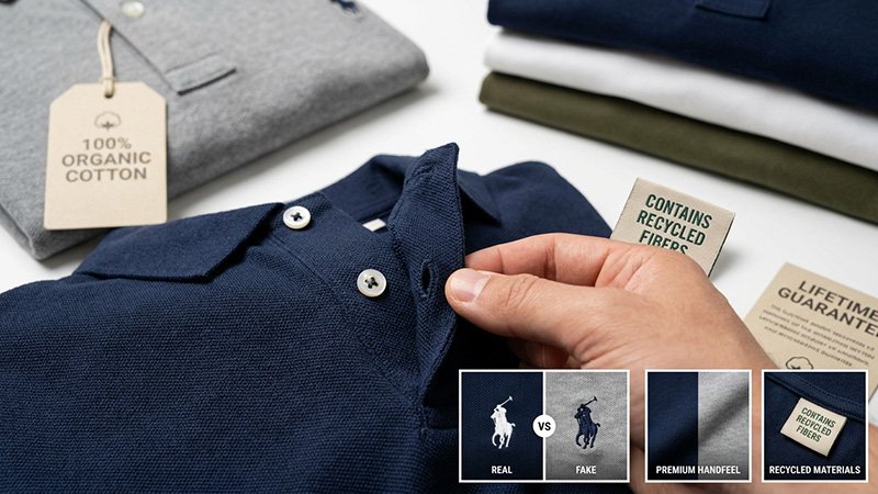 A hand inspecting the dense stitching on the placket of a high-quality polo shirt