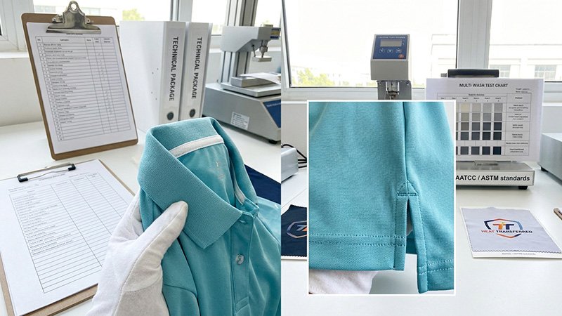Inspecting construction quality of a polo shirt A close-up quality inspection of a polo's collar stitching and reinforced side vent