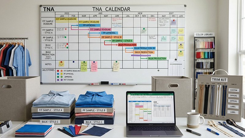 A calendar showing a production TNA plan with key milestones highlighted.