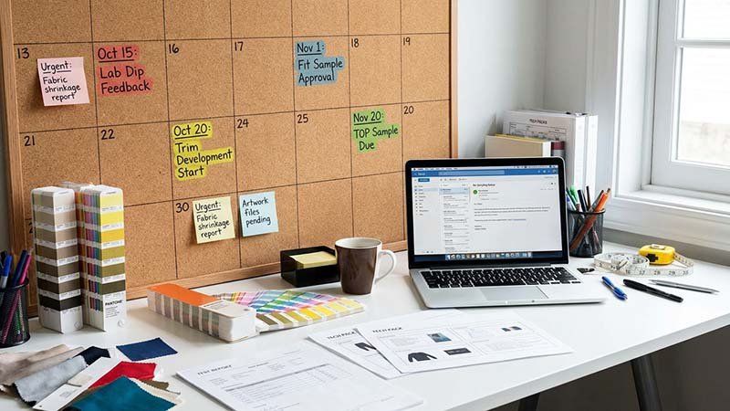 A calendar with milestones and deadlines highlighted for a project.