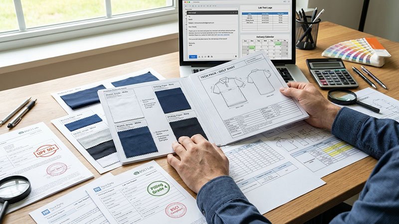 Managing the golf apparel supply chain A person reviewing a tech pack and fabric swatches at a desk