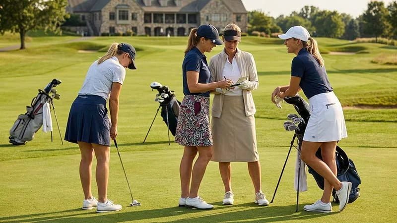 A group of women golfers on a course, showing different styles of skorts.