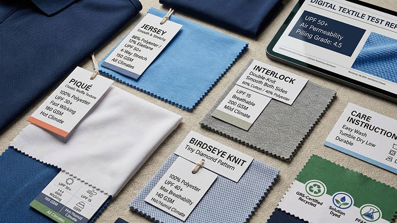 Matching golf shirt fabric to performance needs Close-up shots of different fabric weaves like piqué, jersey, and interlock