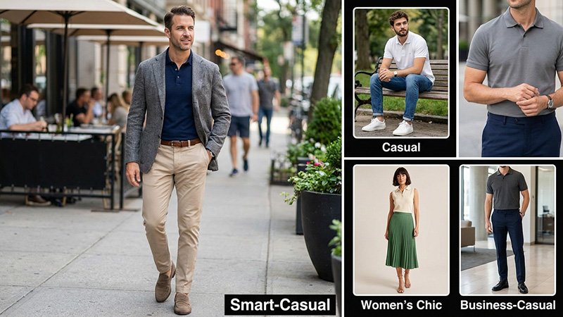 A man stylishly wearing a polo shirt under an unstructured blazer with chinos
