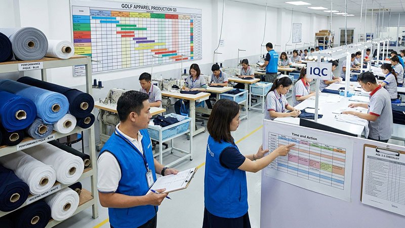 Optimizing the apparel supply chain A factory floor with rolls of fabric and a production schedule chart on the wall