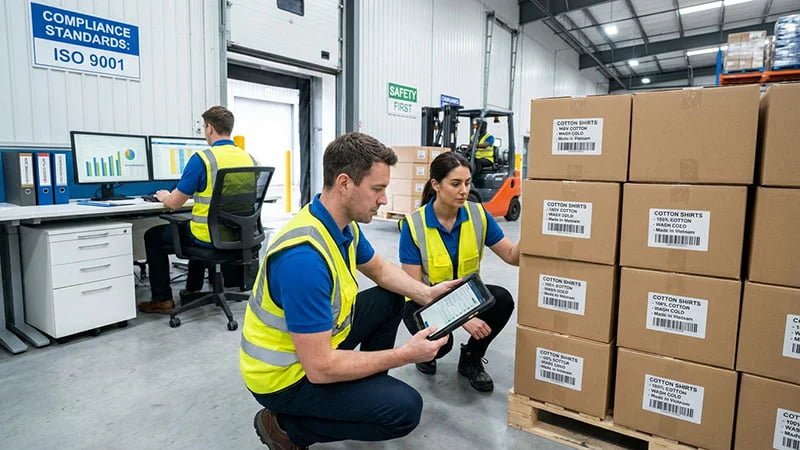 Warehouse staff performing a final pre-shipment inspection of packed cartons.