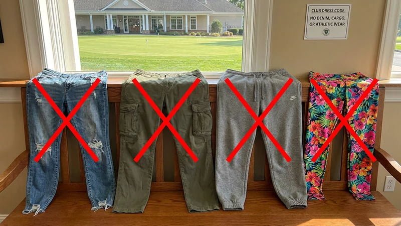 A graphic showing jeans, cargo pants, and sweatpants crossed out with a red 'X'