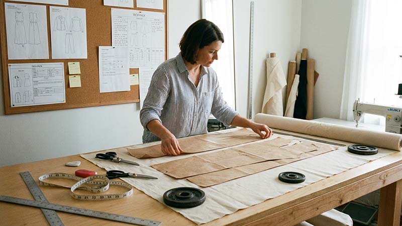 A pattern maker laying out paper patterns on a piece of fabric.