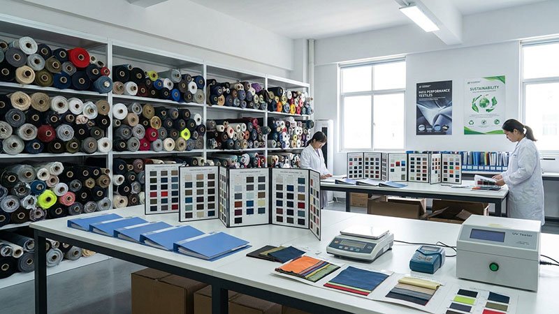 A wall of fabric rolls and swatches in a factory's fabric library.