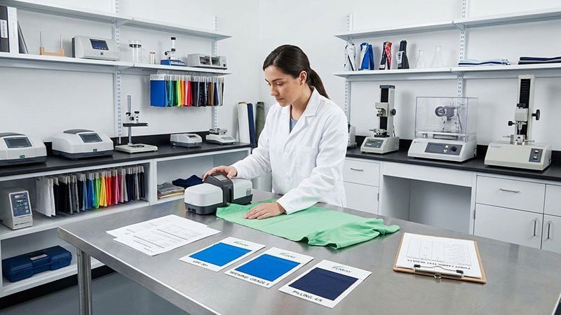 A lab technician inspecting a piece of performance fabric with a magnifying tool or testing machine.