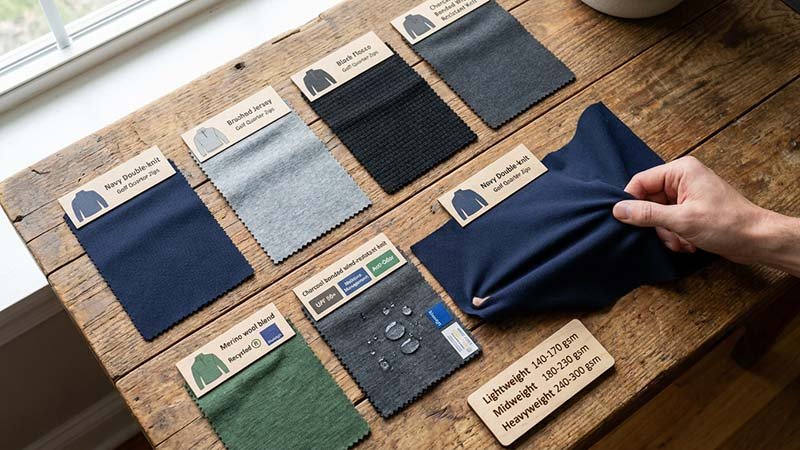 Fabric swatches showing different textures for quarter-zips.