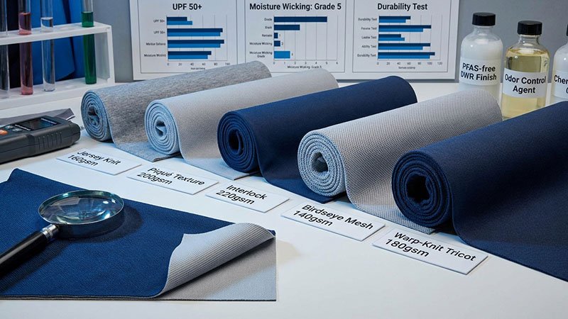 Close-up shot of different performance fabric weaves like jersey, piqué, and birdseye.