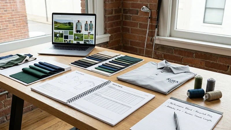 A workspace showing fabric swatches, tech packs, and a golf polo sample.