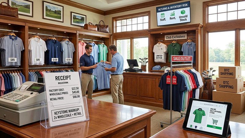 Pro Shop Retail and Pricing A boutique pro shop with neatly displayed golf apparel.