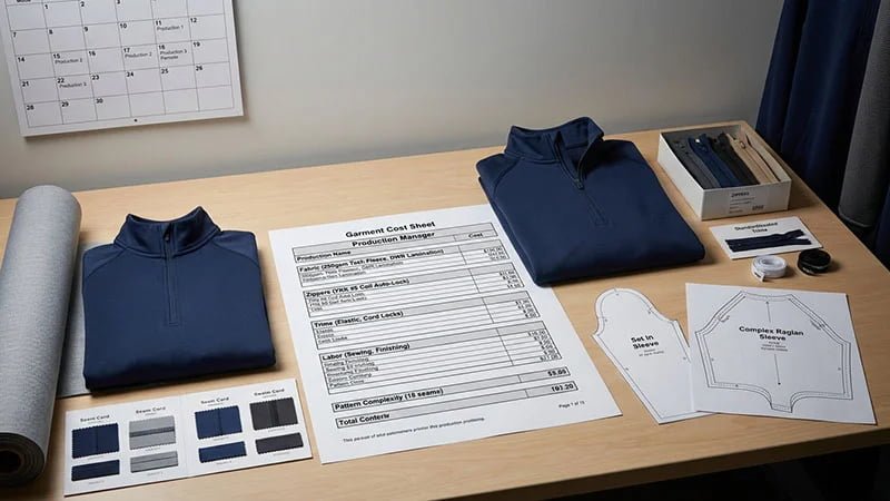 A cost sheet for a garment showing the breakdown of fabric, trims, and labor.