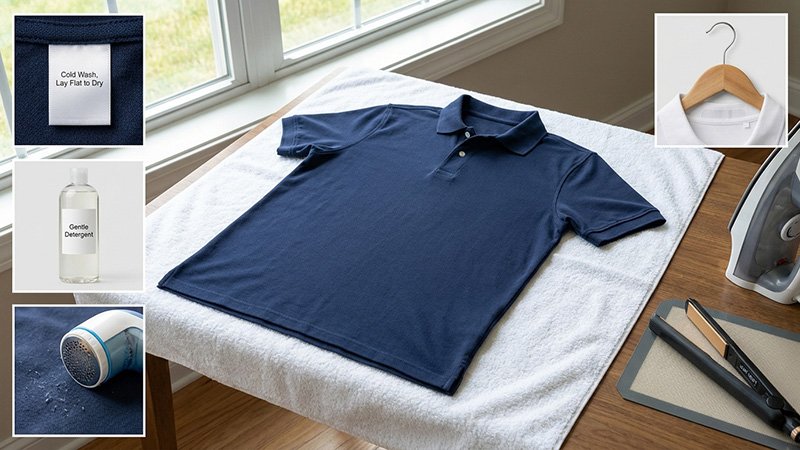 A polo shirt laid flat to dry on a clean surface to maintain its shape