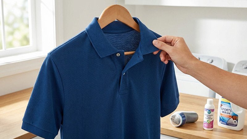Properly caring for a golf polo A polo shirt hanging to air-dry with a close-up on its crisp, uncurled collar