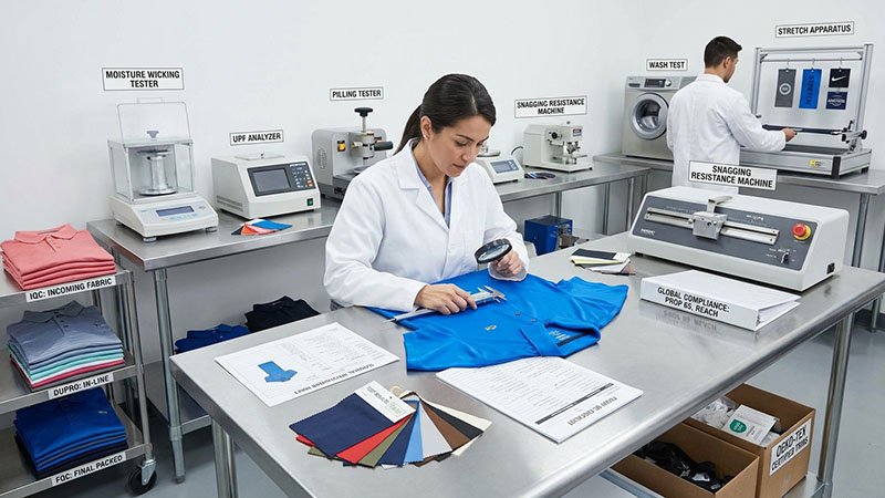 A quality inspector cross-referencing a physical garment against a technical spec sheet.