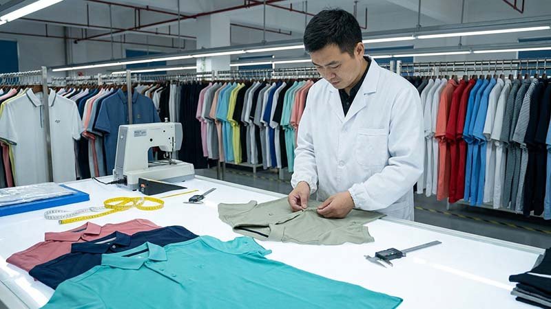 A quality control inspector checking a garment's seams with a checklist.