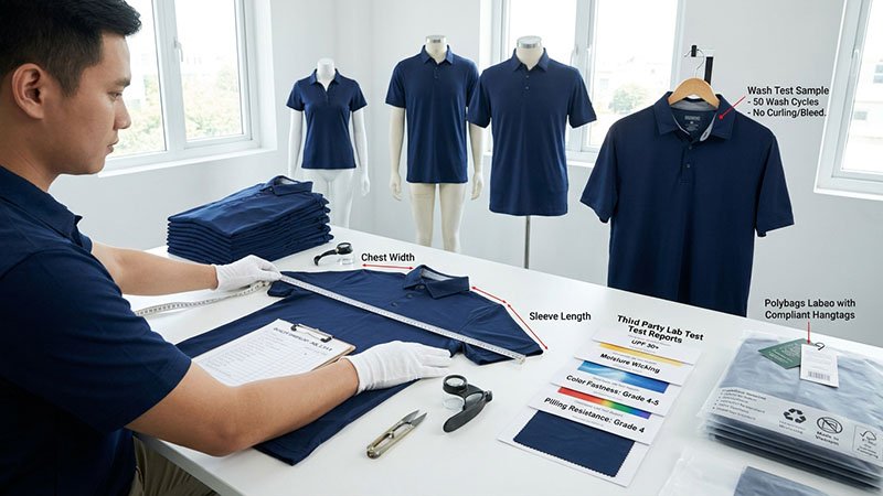 Quality control inspection for custom apparel An inspector checking a garment's measurements and seam quality on a table
