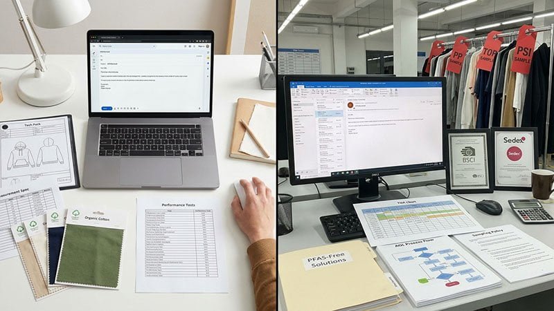 A split view of a tech pack being sent and a factory quote being received.
