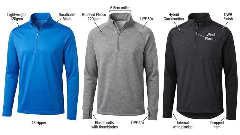 Three different golf quarter-zips side-by-side, showing their different features.