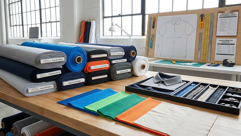 Technical Fabrics and Trims for Golf Apparel Different rolls of technical fabric, some with certification tags like OEKO-TEX.