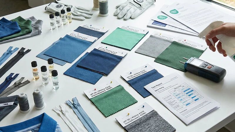 A collection of high-performance fabric swatches with technical specification tags.