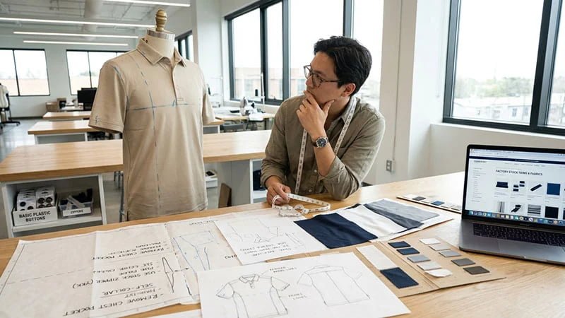 A designer making choices to simplify a garment's design.