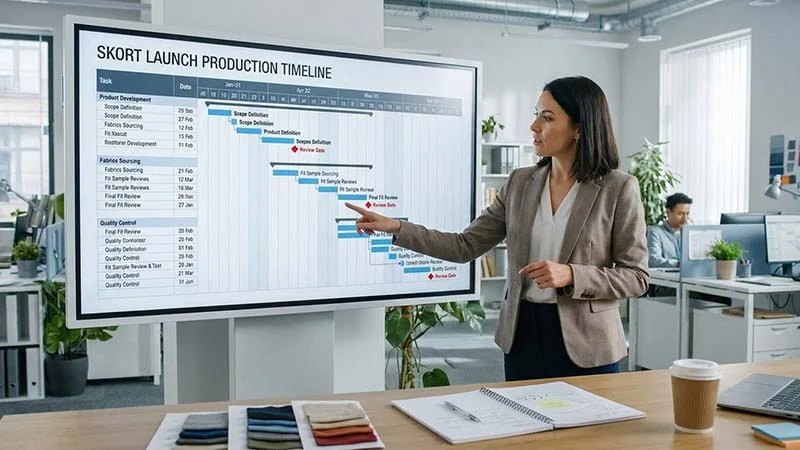 A project manager reviewing a Gantt chart for apparel production on a large screen.