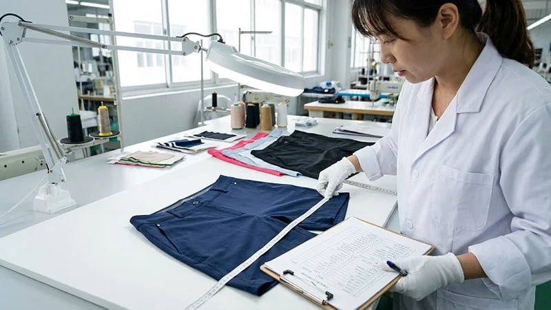 A quality inspector checking a garment against a detailed checklist.