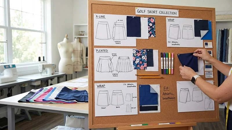 A design board showing sketches of A-line, pleated, and wrap skorts.