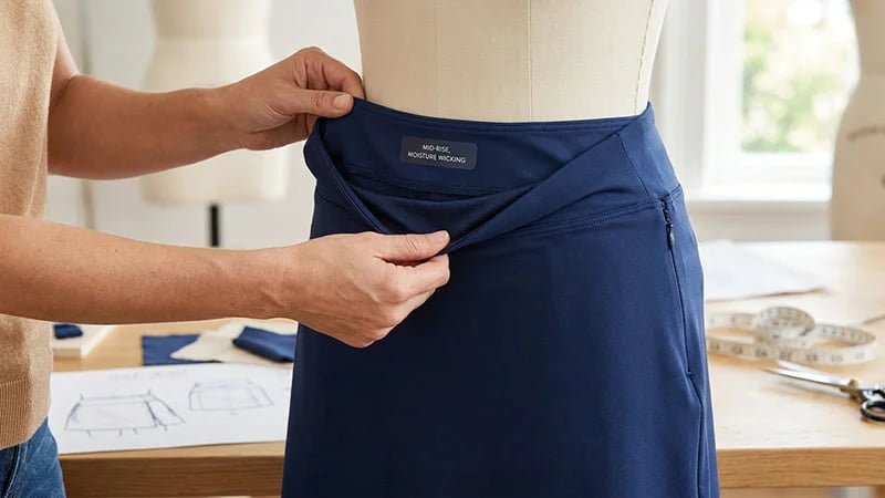 A designer inspecting the contoured waistband of a skort prototype.