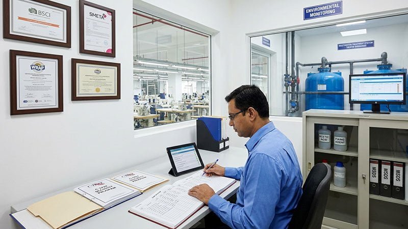 A photo of a factory's valid BSCI or SMETA audit certificate hanging in the office.
