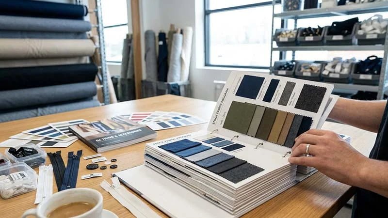 A swatch book showing a factory's stock fabric colors.