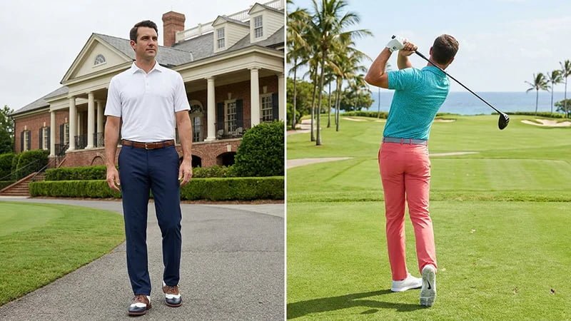 A collage showing a golfer in conservative attire at a private club and another in more casual, colorful attire at a resort course