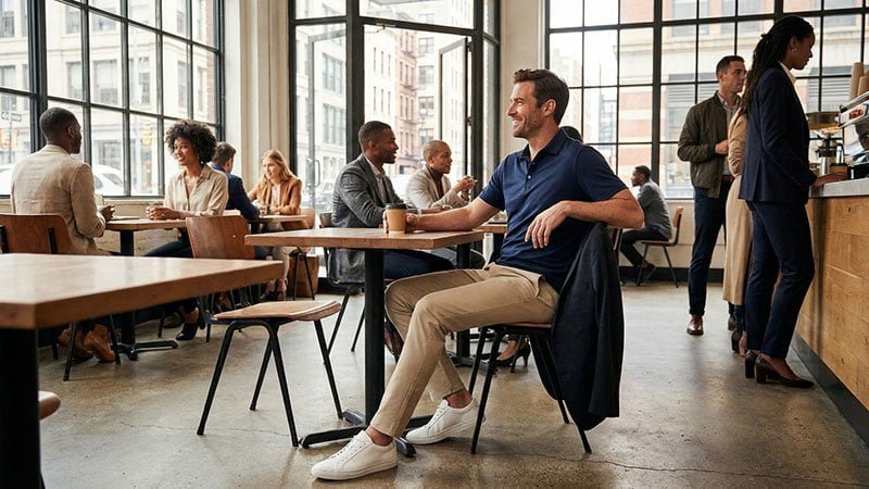 Styling a golf shirt off the course A man wearing a stylish solid-colored golf shirt with chinos in a city cafe setting