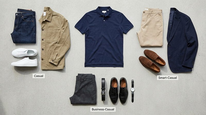 Styling a polo for different occasions A clothing flat-lay showing a polo shirt styled for three different occasions: casual, smart-casual, and business-casual