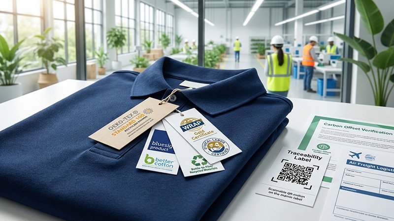 Sustainability and Ethical Compliance Certifications A clothing tag showing certifications like OEKO-TEX and bluesign.