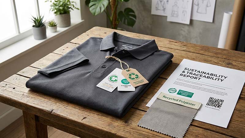 A garment with hangtags showing GRS and OEKO-TEX certifications.