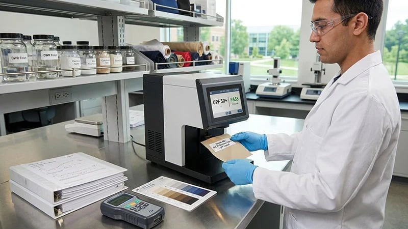 A lab technician performing a fabric test for UPF or water repellency.